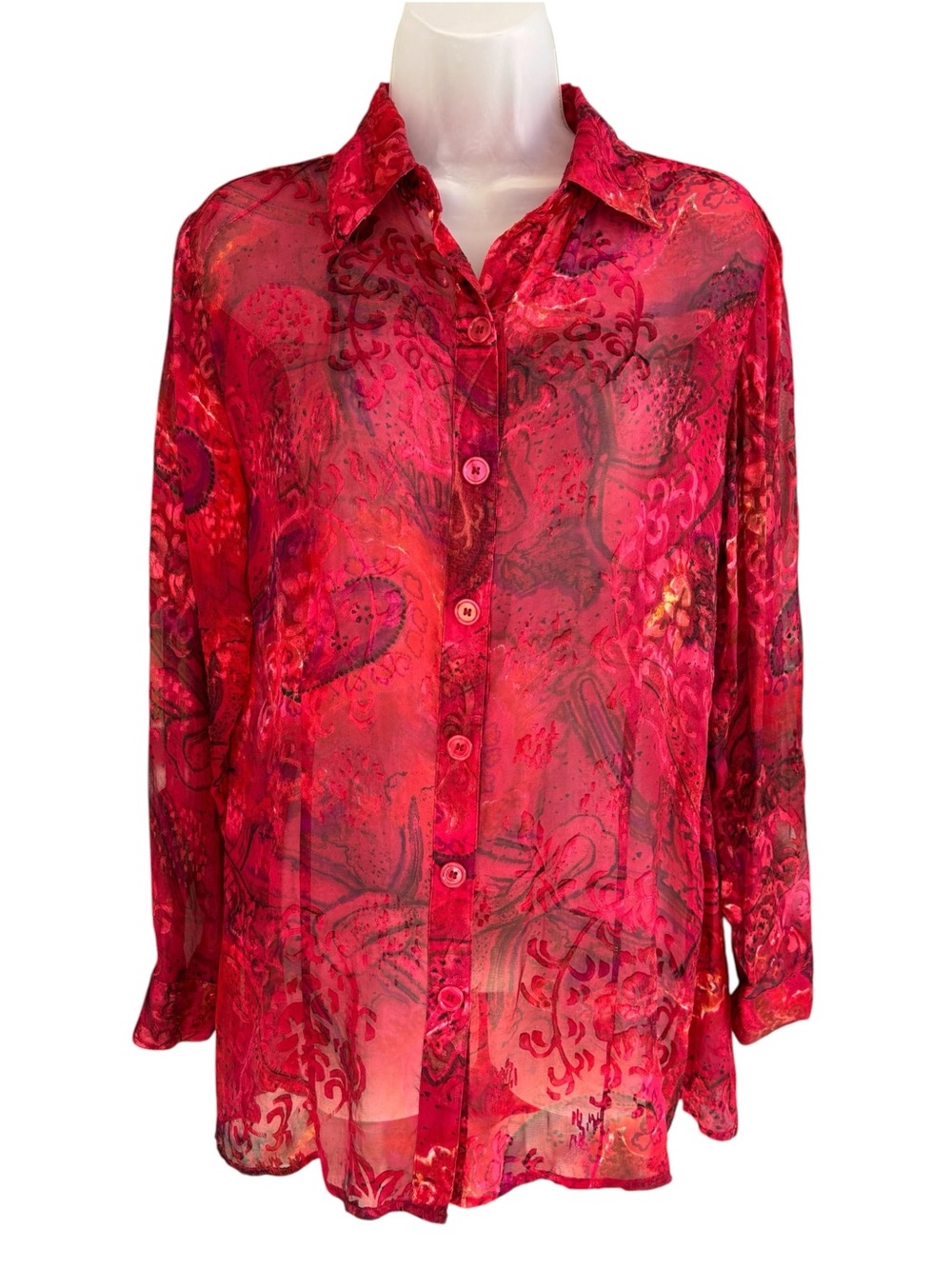 Chico's Silk Blend Dark Floral Burnout Blouse 0 Sheer Button Up Dark Romance
